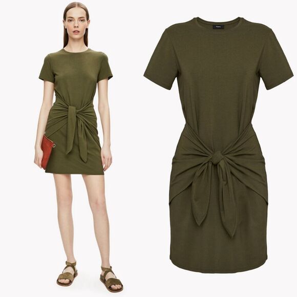 Theory Dresses & Skirts - Theory Dakui Rubric Knotted Front Tie T-Shirt Dress Short Sleeve Basil Green
